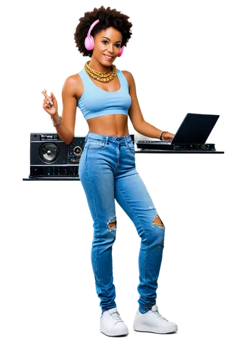 DJ, Brazilian Phonk musician, Afro hairstyle, gold chain, flashy outfit, bright colors, sleeveless shirt, ripped jeans, sneakers, microphone, headphones, vinyl records, turntables, laptop, speakers, d