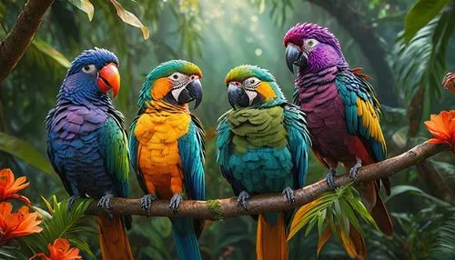 Exotic colorful tropical birds, vibrant plumage, sitting on branches, leaves, flowers, trees, jungle, misty atmosphere, warm sunlight filtering through foliage, shallow depth of field, detailed feathe