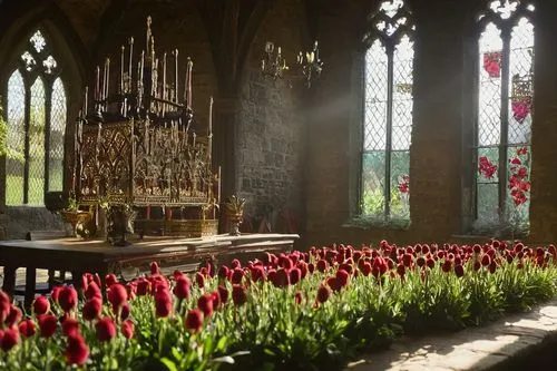 Medieval castle, Dudley Castle, English countryside, stone walls, towers, moat, grand hall, stained glass windows, intricate carvings, gothic arches, suits of armor, red velvet curtains, golden chande