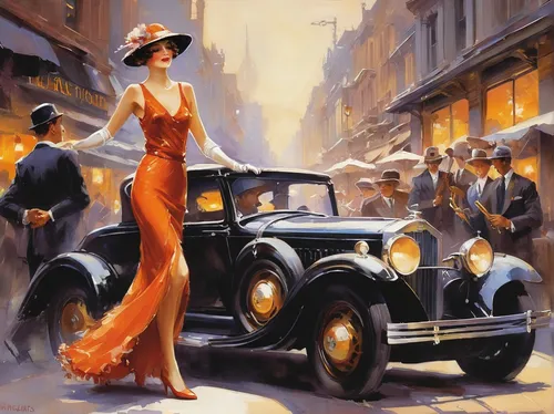 art deco woman,roaring twenties couple,roaring twenties,art deco,roaring 20's,vintage cars,vintage art,packard patrician,vintage illustration,classic cars,panama hat,twenties women,flapper couple,fashionista from the 20s,1920's retro,evening dress,flapper,rolls royce 1926,vintage fashion,twenties,Conceptual Art,Oil color,Oil Color 03