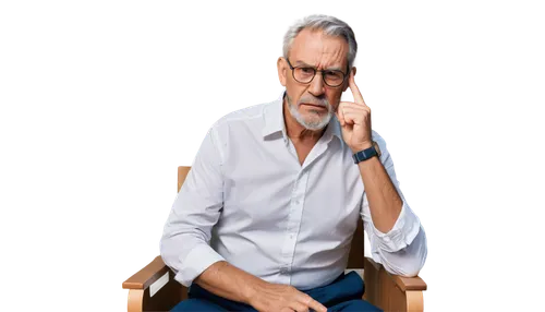 Older man, hemochromatosis patient, serious expression, brown skin tone, wrinkles, grey hair, bushy eyebrows, thick beard, wear glasses, white shirt, unbuttoned collar, dark blue pants, sitting on exa