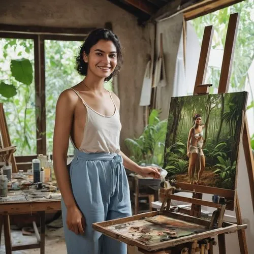 A male painting artist is standing in front of a wooden easel and pinting with oil colors a model of a young 19 years old woman standing in an elaborate quipped artist studio with soe epmty and with w