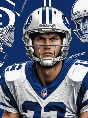 Compose an intense Tom Brady wallpaper portraying a fierce face-off between the Indianapolis Colts logo and his determined expression.,nfc,orlovsky,banner set,cowboys,national football league,bandana 