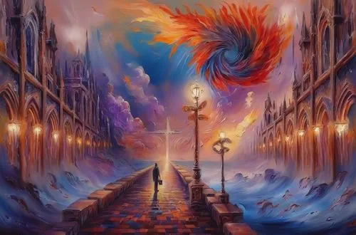 fantasy art,pillar of fire,oil painting on canvas,fantasia,fantasy picture,symphony,fireworks art,city in flames,murano,the carnival of venice,orchestral,fantasy landscape,fire artist,art painting,torch-bearer,dancing flames,musical background,angel lanterns,solomon's plume,fantasy city,Illustration,Paper based,Paper Based 04