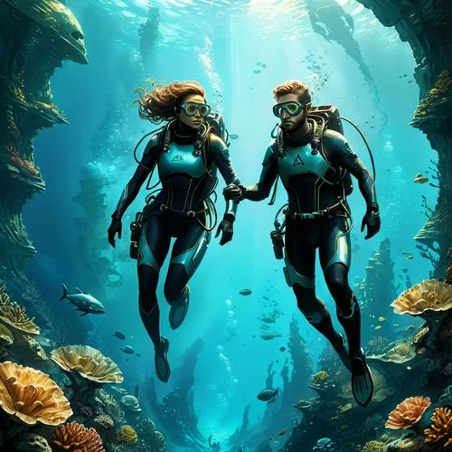 Futuristic Divers Discover Atlantis
,couple scubas walking into an underwater tunnel,underwater background,divers,aquanauts,scuba diving,scuba,aquaculturists,Conceptual Art,Fantasy,Fantasy 17