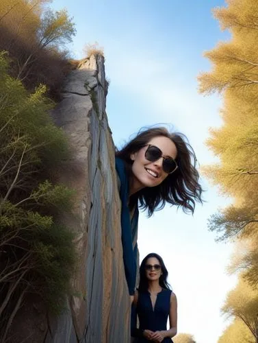 a woman wearing sunglasses stands in a tree lined trail,geddy,hande,pantene,huemer,rotoscoping,bareilles