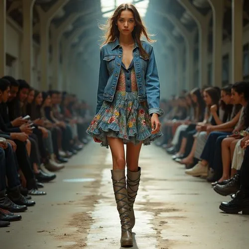 18 year old model with delicate marked features is walking she wears  wearing a garment composed of completely denim clothes with a denim jacket crop and jeans, but the eye-catching part of the outfit