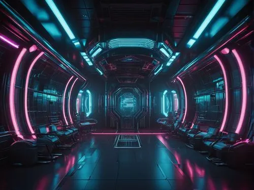 Oculus, futuristic, sci-fi, sleek architecture, curved lines, neon lights, vibrant colors, glowing accents, metallic surfaces, glass panels, LED strips, atmospheric fog, misty ambiance, dramatic spotl