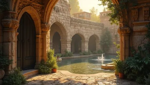 theed,archways,alhambra,dorne,courtyards,labyrinthian,novigrad,courtyard,toussaint,seregil,alcazar,garden of the fountain,kotor,medieval,arches,archway,city moat,monastery garden,arcaded,sapienza,Photography,General,Realistic