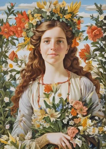 A stunning, intricate painting in the style of Sandro Botticelli, depicting a young woman reminiscent of spring from the painting of the same name. A woman in an elegant Renaissance dress decorated wi