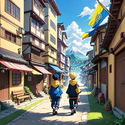 darjeeling,yellow and blue,stroll,neighborhood,strolling,studio ghibli,shopping street,neighbourhood,alpine village,sunny day,aurora village,walkway,walk,summer day,knight village,spa town,alleyway,narrow street,apartment complex,street scene,Anime,Anime,Traditional