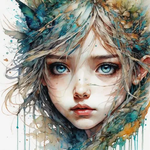 fairie,hoshihananomia,kommuna,faery,amano,seelie,krita,faerie,watercolor blue,little girl fairy,dryad,fantasy art,fantasy portrait,illustrator,fae,blue eye,mystical portrait of a girl,vidarte,water colors,watercolor,Illustration,Paper based,Paper Based 13