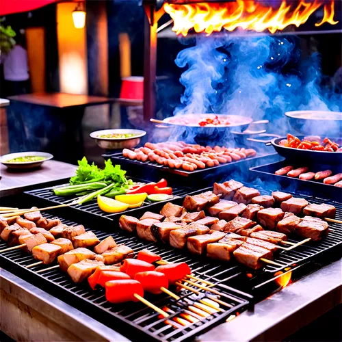 Thai BBQ, street food stall, sizzling meat on grill, savory smoke, evening atmosphere, warm lighting, shallow depth of field, close-up shot, juicy pork skewers, grilled chicken, seafood, colorful vege