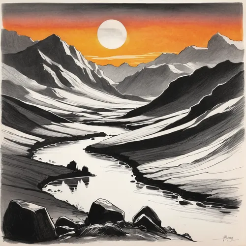 Sketch a simple landscape with a sunset sky,cool woodblock images,mountain scene,japanese wave paper,mountain landscape,woodblock prints,mountainous landscape,desert landscape,matruschka,tusche indian