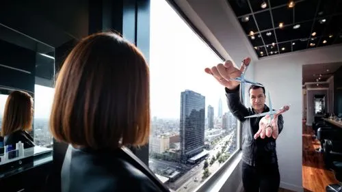 stylist in her modern and beautiful hair salon, with a view of a city, from a tall building.,oticon,blur office background,dialogue window,smartsuite,telepresence,video scene,window washer,viewphone,m