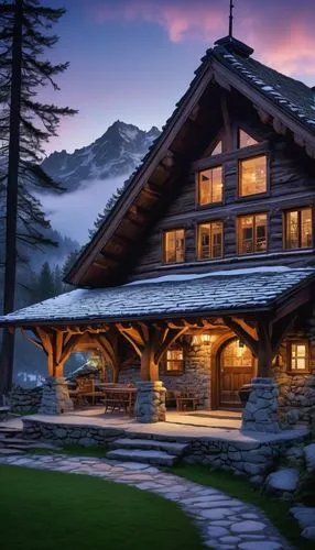 Mountainous alpine chalet, wooden structure, stone foundation, steeply pitched roof, snow-covered, icicles hanging, frosty windows, ornate carvings, intricately designed door, surrounded by tall pine 