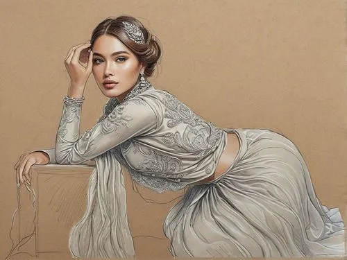 a drawing of a woman wearing a long dress,leighton,kaew chao chom,donsky,kapoor,nargis,muszaphar,Photography,Documentary Photography,Documentary Photography 19