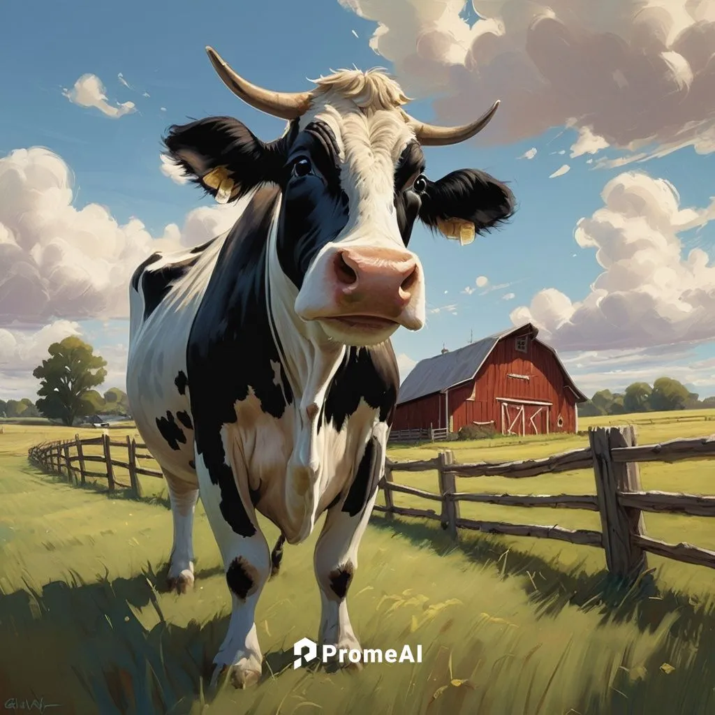 A friendly cow with distinct patches, standing in a field with a wooden fence, a  barn in the distance, and a few fluffy clouds,holstein cow,holstein cattle,cow,dairy cow,red holstein,moo,bovine,donsk