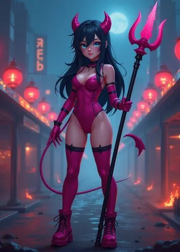 the pretty brunette devil girl is holding a staff,akali,bedevil,elektra,devil,ramirez,fire devil