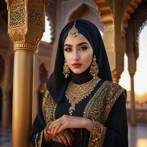 Curvy Arab princess, golden jewelry, hijab, abaya, intricate embroidery, detailed henna on hands, dark brown eyes, thick eyelashes, bold eyebrows, red lips, golden sandals, ornate palace background, M