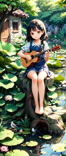 ukulele,guitar,acoustic guitar,playing the guitar,cavaquinho,mandolin,serenade,banjo uke,acoustic,classical guitar,concert guitar,perched on a log,playing outdoors,musician,dulcimer,pond,musical background,studio ghibli,guitar player,bard,Anime,Anime,Traditional