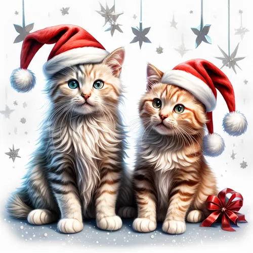 soft  colors  cats whit  blu santa hats , cristmalbells on th flour,christmas animals,santa clauses,christmas icons,christmas stickers,christmas cards,christmas motif,christmas cat,christmas greetings