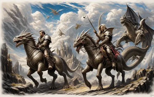 two people riding horses with two other horses,warhorses,rohirrim,caballos,ghadeer,dragonlance,dragoons