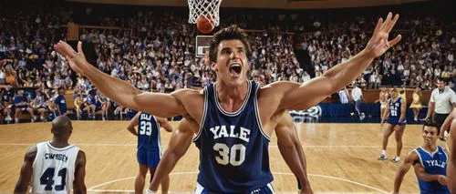 Yale Soa, muscular man, athletic build, short spiky hair, intense gaze, strong facial features, ripped chest, bulging biceps, sporty attire, jersey and shorts, sneakers, basketball court, indoor arena