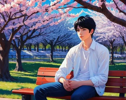 Anime boy, handsome, short black hair, blue eyes, slender build, white shirt, dark blue jeans, sneakers, sitting on a bench, park, cherry blossom trees, sunny afternoon, warm lighting, soft focus, cin