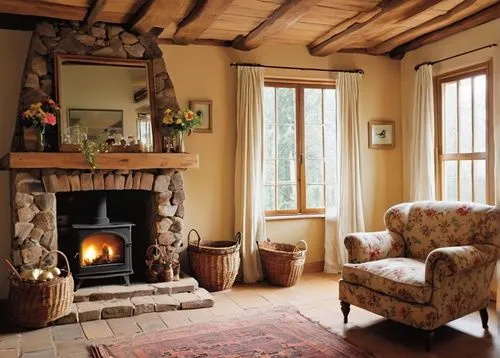 country cottage,sitting room,fireplace,inglenook,fire place,fireplaces,wood stove,home interior,hameau,cosier,chimneypiece,coziest,woodstove,loggia,interior decor,chalet,wooden beams,coziness,country house,warm and cozy,Art,Artistic Painting,Artistic Painting 23