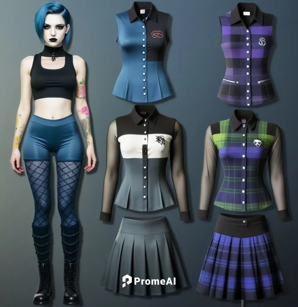 Paper doll goth blue haired girl in black spandex shorts, black sleeveless shirt ,black spandex shorts, complete full length fishnet and black goth knee Boots, standing surrounded by with a set of got