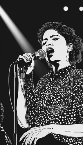 black and white recording,paloma,jazz singer,girl-in-pop-art,live performance,blues and jazz singer,austin 12/6,singer and actress,rockabella,b w,marina,vocal,microphone stand,haifa,comic halftone woman,mountain lake will be,tel aviv,colluricincla harmonica,hipparchia,logo header,Illustration,Black and White,Black and White 16