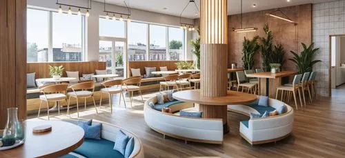 Generate a sketch of a modern coffee shop interior. The space should feature a cozy, minimalist design with warm lighting. Include wooden tables, comfortable seating areas with cushions, and a counter