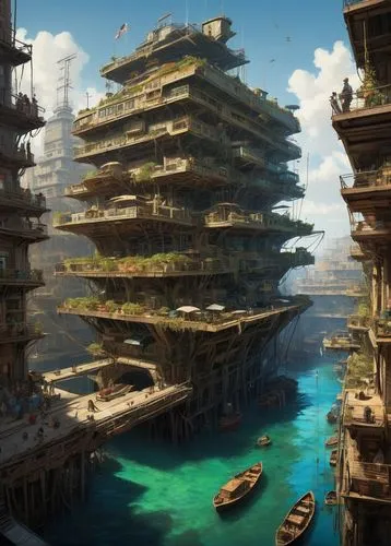 yamatai,sedensky,seasteading,ancient city,floating islands,undock,Illustration,Realistic Fantasy,Realistic Fantasy 06