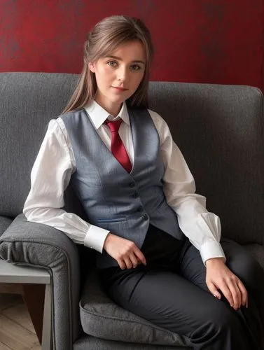 This picture shows a very beautiful young German lady from the Black Forest in a seated portrait. She is wearing a white shirt, a blue tie and a gray vest. The background is in shades of red and appea