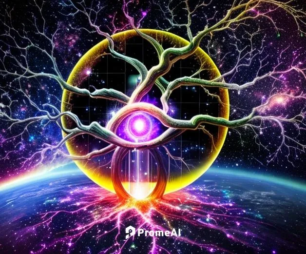 the tree of the life, connected to space with the dark color of the space nebula. and the eye of truth. ,crown chakra,heart chakra,third eye,chakra,earth chakra,metatron's cube,cosmic eye,esoteric sym