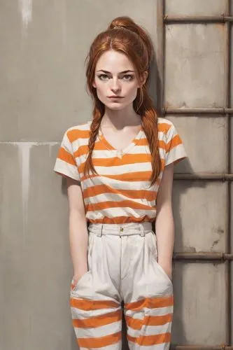 prisoner,girl in overalls,pippi longstocking,nora,overalls,dwarf sundheim,clementine,mime,child portrait,prison,child girl,rockabella,raggedy ann,horizontal stripes,rust-orange,portrait background,cinnamon girl,girl portrait,redhead doll,lilian gish - female,Digital Art,Character Design