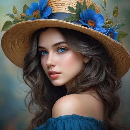 beautiful girl with flowers,girl wearing hat,romantic portrait,flower hat,beautiful bonnet,romantic look,Conceptual Art,Fantasy,Fantasy 16