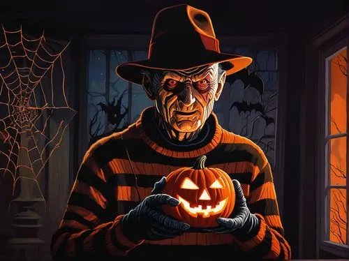 Freddy Krueger, Halloween theme, pumpkin decoration, eerie candlelight, orange glowing eyes, striped sweater, gloved hand holding a paintbrush, spooky background with cobwebs, dimly lit room, creepy s