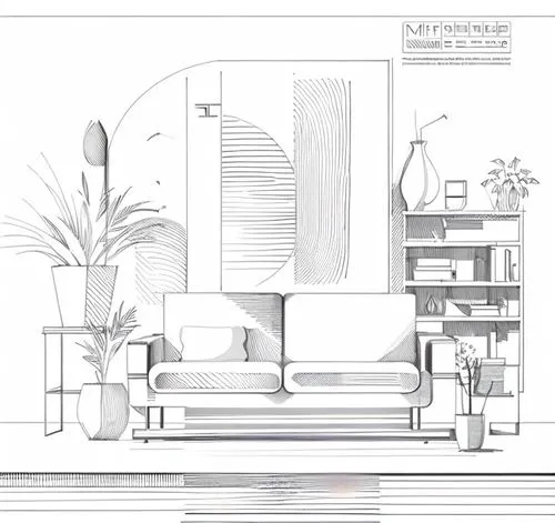 a drawing of an interior space with plants and furniture,sketchup,kirrarchitecture,inhabitation,workspaces,microenvironment,wireframe graphics,Design Sketch,Design Sketch,Hand-drawn Line Art