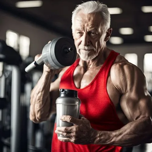 bright red tank top ,a muscular man pumping muscles with the bottle,sarcopenia,clenbuterol,stanozolol,gnc,arginine,trenbolone