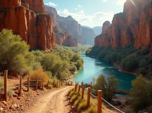 Southwestern canyon landscape, regionalism style, dramatic rock formations, erosion patterns, vibrant turquoise water, lush green vegetation, tall trees, rustic wooden fences, winding dirt paths, warm