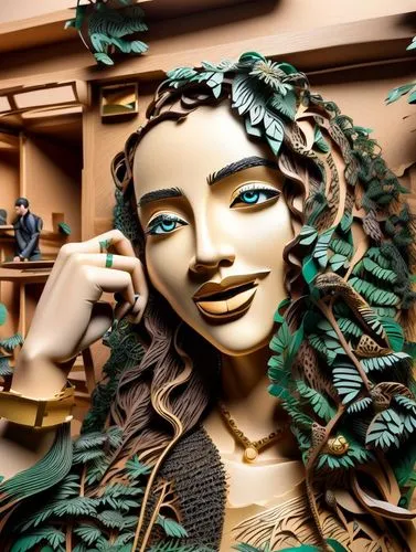 girl in a wreath,wood carving,medusa,wood art,woman sculpture,honolulu creeper,carved wood,medusa gorgon,wooden mannequin,gorgon,merida,laurel wreath,artist's mannequin,decorative figure,paper art,decorative art,mother earth statue,garden decor,garden sculpture,garden decoration