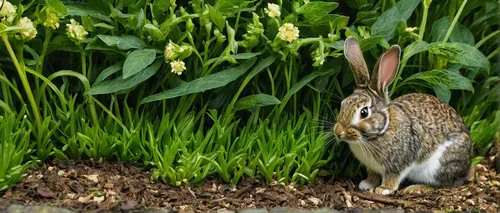 Describe a comical scenario where a mischievous bunny wreaks havoc in a garden.,wild rabbit in clover field,hare trail,leveret,young hare,audubon's cottontail,hare window,american snapshot'hare,europe