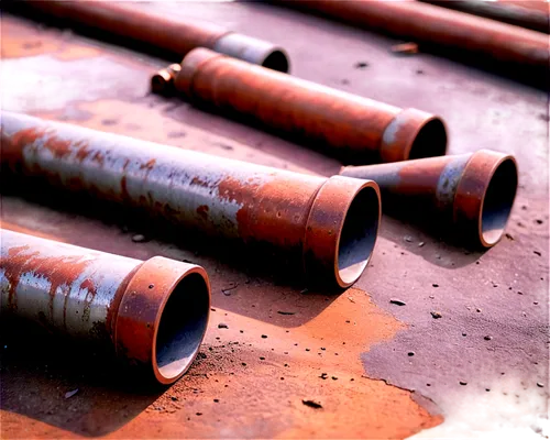 Old, rusty, metallic pipe, bumping noise, worn-out surface, rusty bolts, dusty texture, morning mist, soft focus, shallow depth of field, cinematic lighting, 3/4 composition.,the pipes have rusted dow