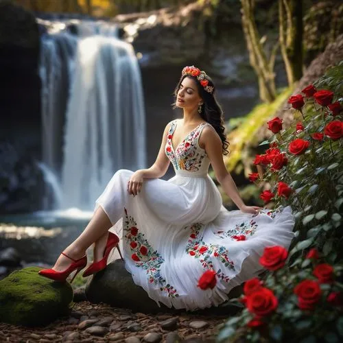 beautiful girl with flowers,girl in flowers,girl in a long dress,fantasy picture,girl in the garden,faery,romantic portrait,fairytale,enchanting,secret garden of venus,splendor of flowers,fairy tale,celtic woman,idyll,a fairy tale,garden of eden,beauty in nature,faerie,fairy queen,with roses,Photography,General,Sci-Fi