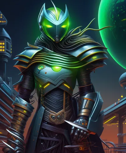 alien warrior,doctor doom,argus,green goblin,sci fiction illustration,massively multiplayer online role-playing game,knight armor,green aurora,iron mask hero,scales of justice,core shadow eclipse,empe