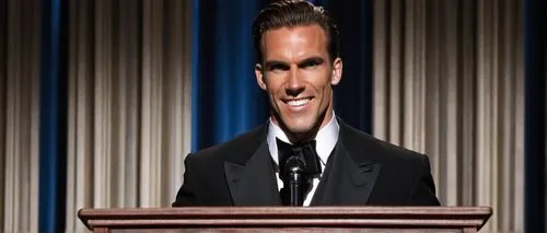 Tall, muscular Titan speaker man, strong facial features, short, spiky hair, silver earrings, bold, blue eyes, subtle smile, formal, black tuxedo, white shirt, black bow tie, microphone in hand, stand