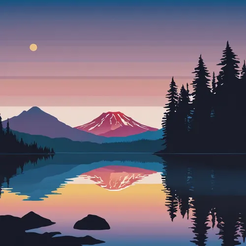 evening lake,mount hood,trillium lake,mountain lake,mountain sunrise,landscape background,rainier,mountainlake,alaska,mt hood,high mountain lake,moonrise,oregon,beautiful lake,mountain landscape,mountains,fuji,crater lake,minimalist wallpaper,dusk background,Illustration,Vector,Vector 01