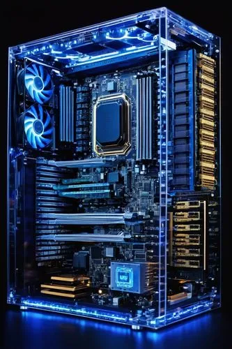 Modern computer architecture model, sleek futuristic design, PSU (Power Supply Unit) highlighted in blue LED lighting, intricate circuit boards, metallic chassis, transparent glass side panel, cables 